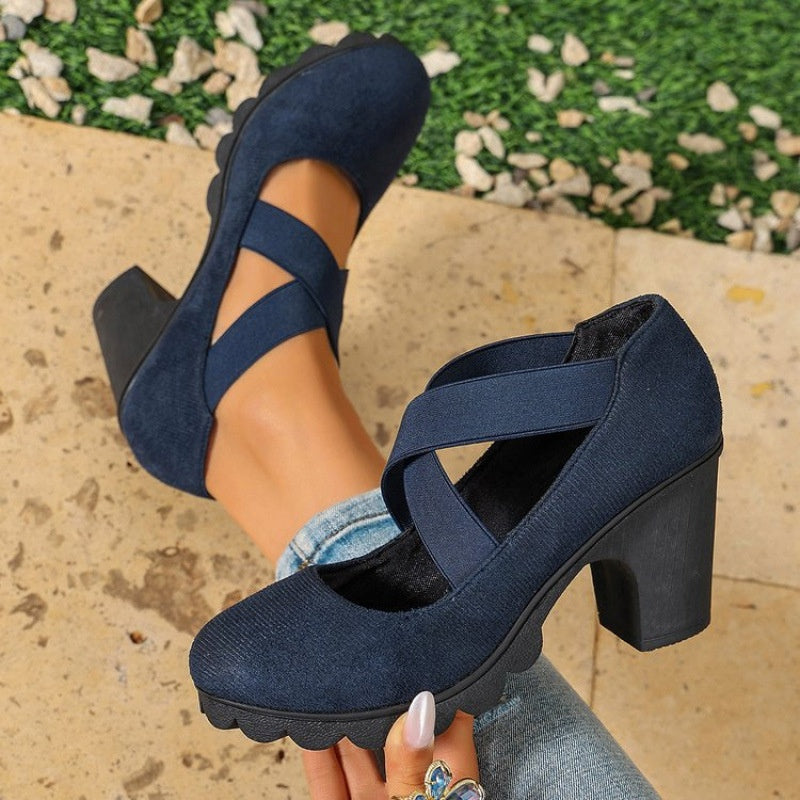 ✨ 50% OFF! Women's Round Toe Crisscross Strap Mary Jane Platform Chunky High Heels