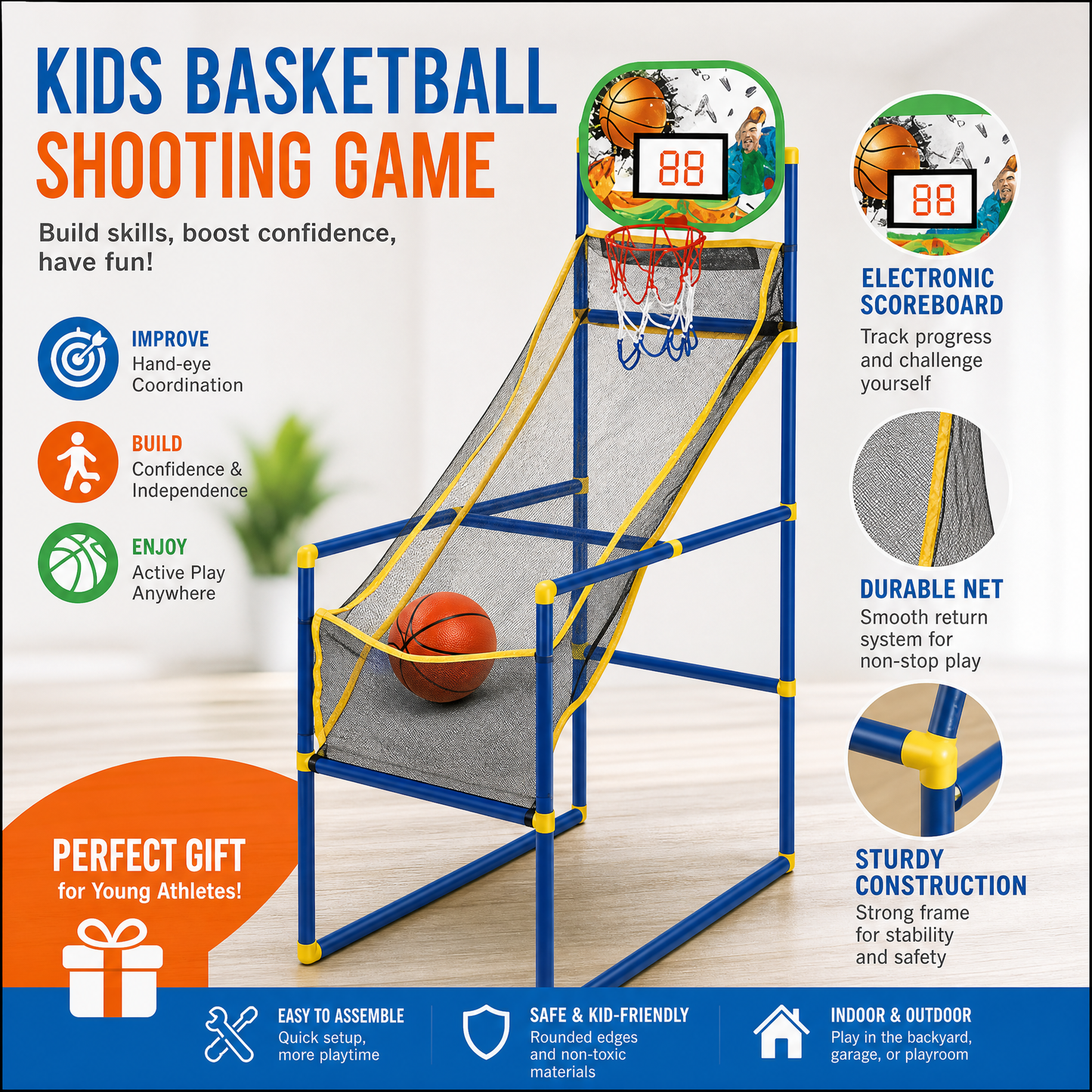 🎉 2026 Sale — Over 56,000 Sold!🏀Kids' Indoor Basketball Arcade – Auto Ball Return, 4 Balls + Pump 🎯