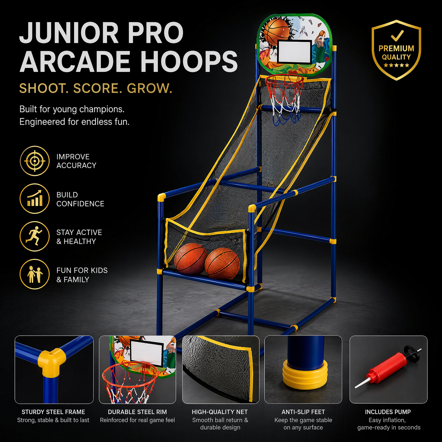 🎉 2026 Sale — Over 56,000 Sold!🏀Kids' Indoor Basketball Arcade – Auto Ball Return, 4 Balls + Pump 🎯
