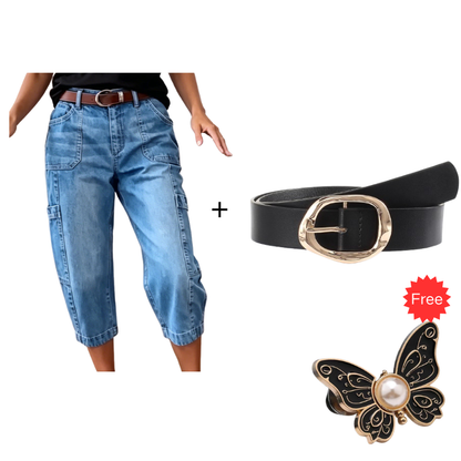👖 LIMITED-TIME 50% OFF! ✨ Women's Casual Stretchy Cropped Denim Pants – Barrel Fit, Mid-Waist, Multi-Pockets 🌿
