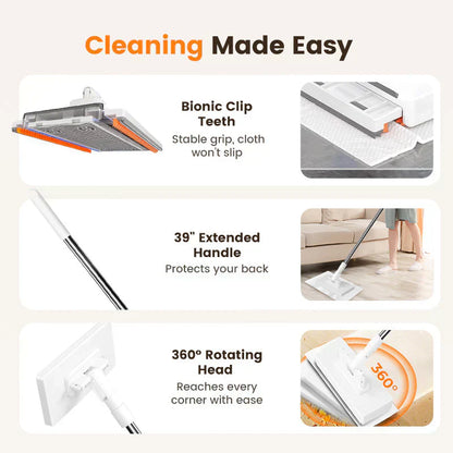 Flat Mop with Stainless Steel Handle, come with Reusable Washable Mop Cloths🏆