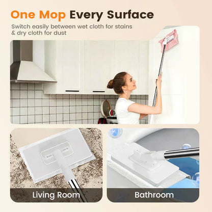 Flat Mop with Stainless Steel Handle, come with Reusable Washable Mop Cloths🏆