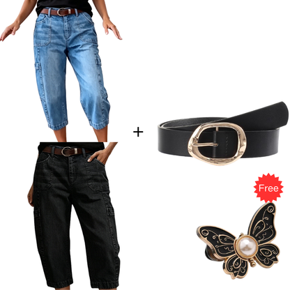 👖 LIMITED-TIME 50% OFF! ✨ Women's Casual Stretchy Cropped Denim Pants – Barrel Fit, Mid-Waist, Multi-Pockets 🌿