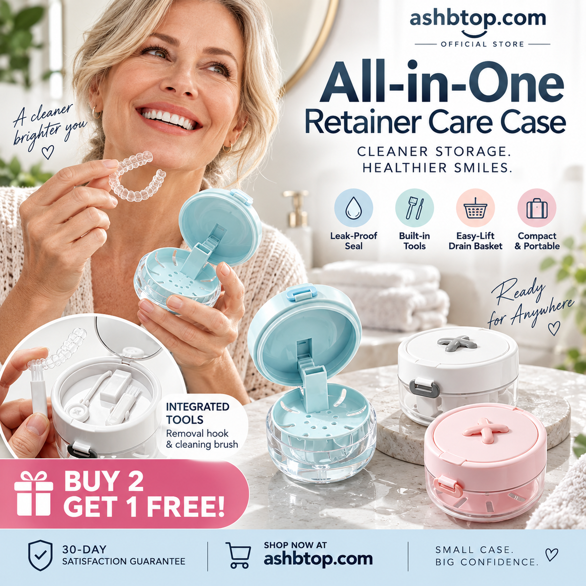 🔥Last Day Special Price £12.99!✨50K+ SOLD!🦷All-in-One Retainer Storage Case — Soaking Compartment, Built-in Mirror & Cleaning Tools