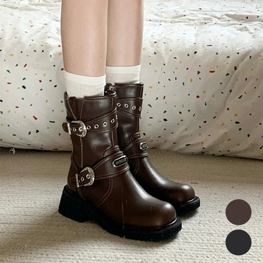 Bottes rétro mi-mollet à bout rond avec fermeture éclair latérale pour femmes