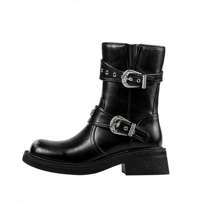 Bottes rétro mi-mollet à bout rond avec fermeture éclair latérale pour femmes