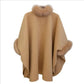 Élégant manteau poncho à col en fausse fourrure de couleur unie