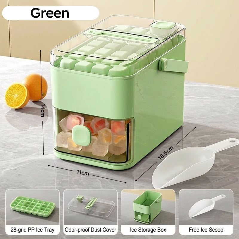 One-Press Ice Cube Maker – 28 Cubes Instantly, Airtight Odour-Proof Storage