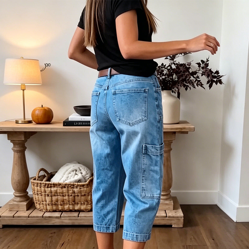 👖 LIMITED-TIME 50% OFF! ✨ Women's Casual Stretchy Cropped Denim Pants – Barrel Fit, Mid-Waist, Multi-Pockets 🌿