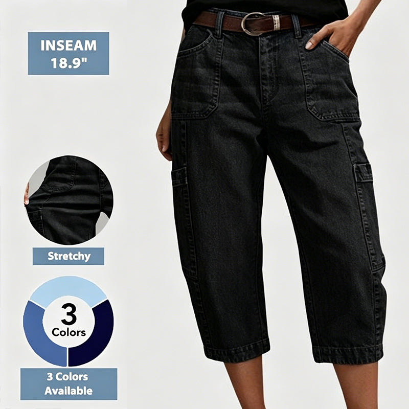 👖 LIMITED-TIME 50% OFF! ✨ Women's Casual Stretchy Cropped Denim Pants – Barrel Fit, Mid-Waist, Multi-Pockets 🌿