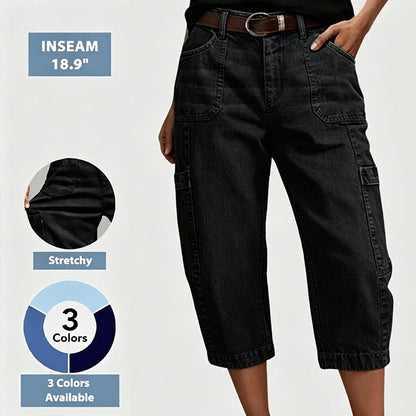 👖 LIMITED-TIME 50% OFF! ✨ Women's Casual Stretchy Cropped Denim Pants – Barrel Fit, Mid-Waist, Multi-Pockets 🌿