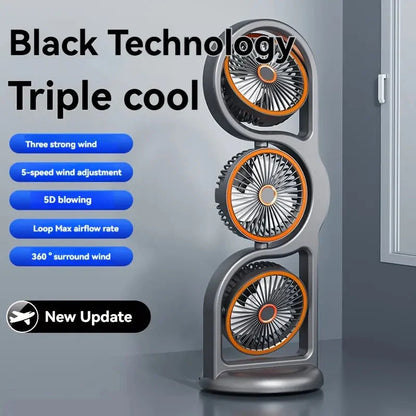 📢📢50% OFF !! ⏰3-Head USB Rechargeable Desk Fan, 720° Air Circulation, 5 Speeds, Ultra Quiet Portable Mini Cooler for Office Bedroom Camping
