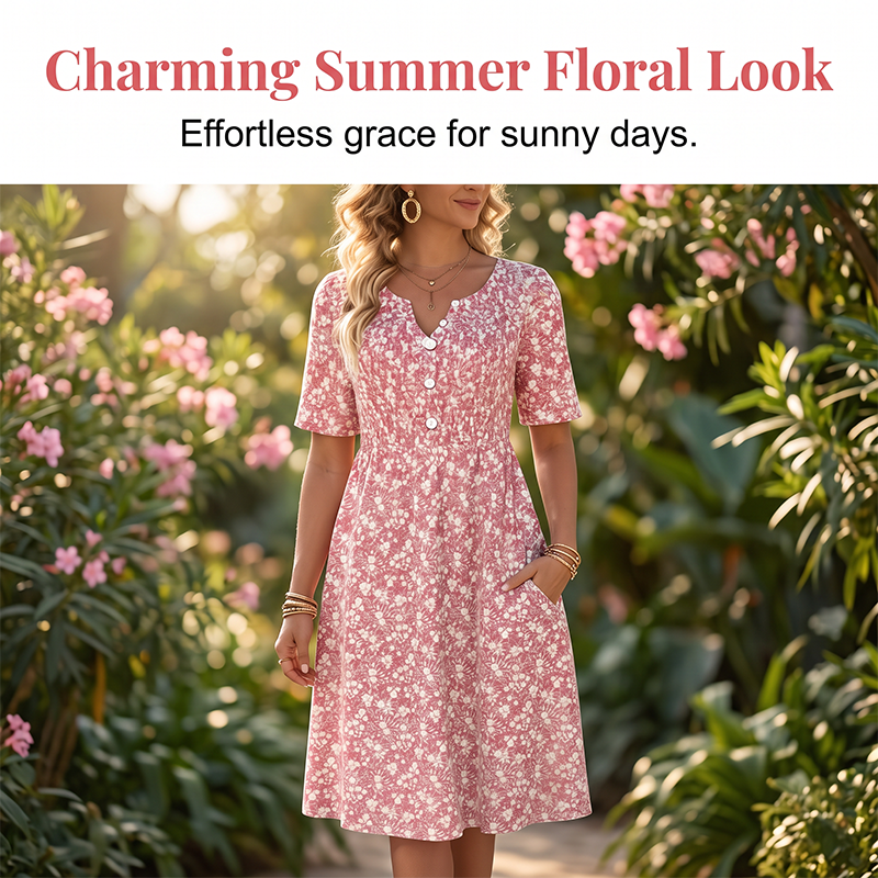 👗✨ Women's Casual V-Neck Print Dress with Pockets