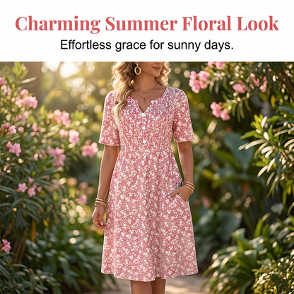 👗✨ Women's Casual V-Neck Print Dress with Pockets