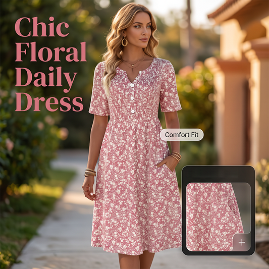 👗✨ Women's Casual V-Neck Print Dress with Pockets