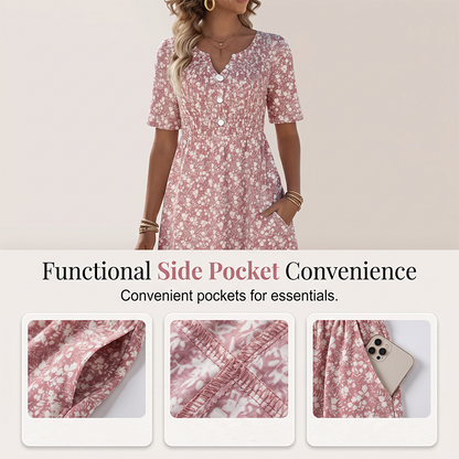 👗✨ Women's Casual V-Neck Print Dress with Pockets