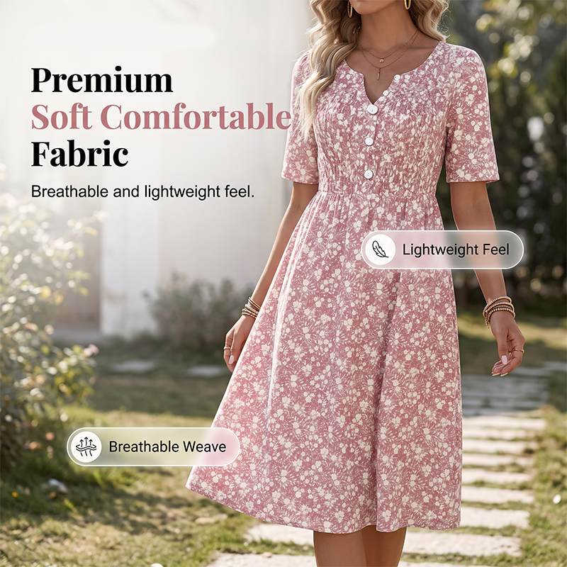 👗✨ Women's Casual V-Neck Print Dress with Pockets