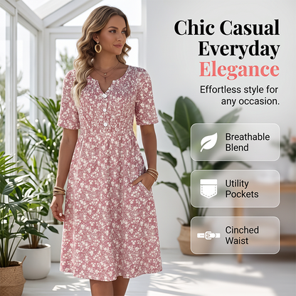 👗✨ Women's Casual V-Neck Print Dress with Pockets