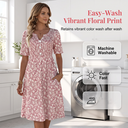 👗✨ Women's Casual V-Neck Print Dress with Pockets