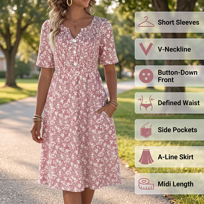 👗✨ Women's Casual V-Neck Print Dress with Pockets