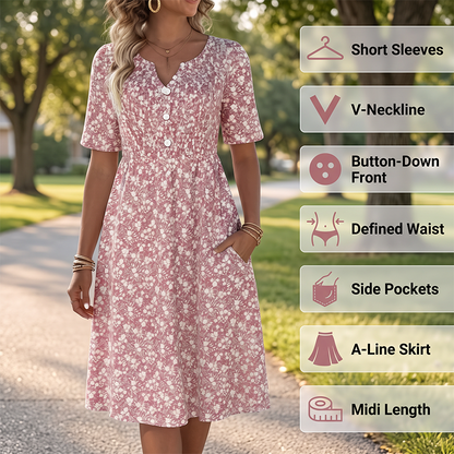 👗✨ Women's Casual V-Neck Print Dress with Pockets