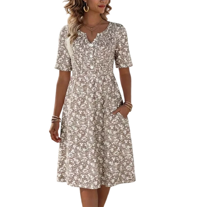 👗✨ Women's Casual V-Neck Print Dress with Pockets