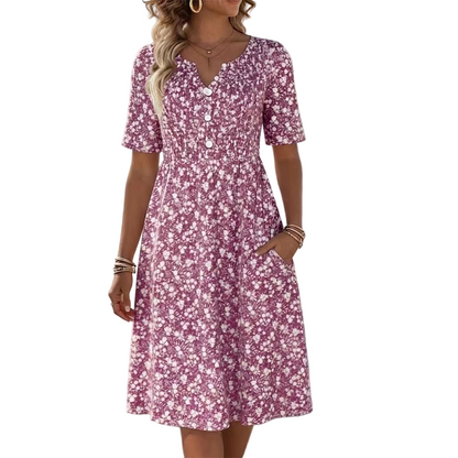 👗✨ Women's Casual V-Neck Print Dress with Pockets