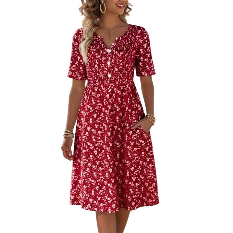 👗✨ Women's Casual V-Neck Print Dress with Pockets