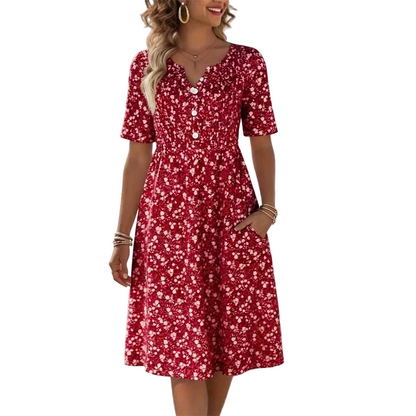 👗✨ Women's Casual V-Neck Print Dress with Pockets