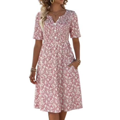 👗✨ Women's Casual V-Neck Print Dress with Pockets