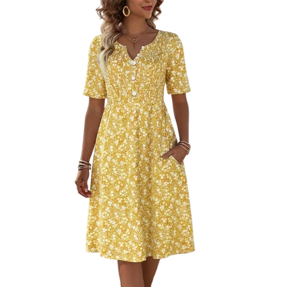 👗✨ Women's Casual V-Neck Print Dress with Pockets
