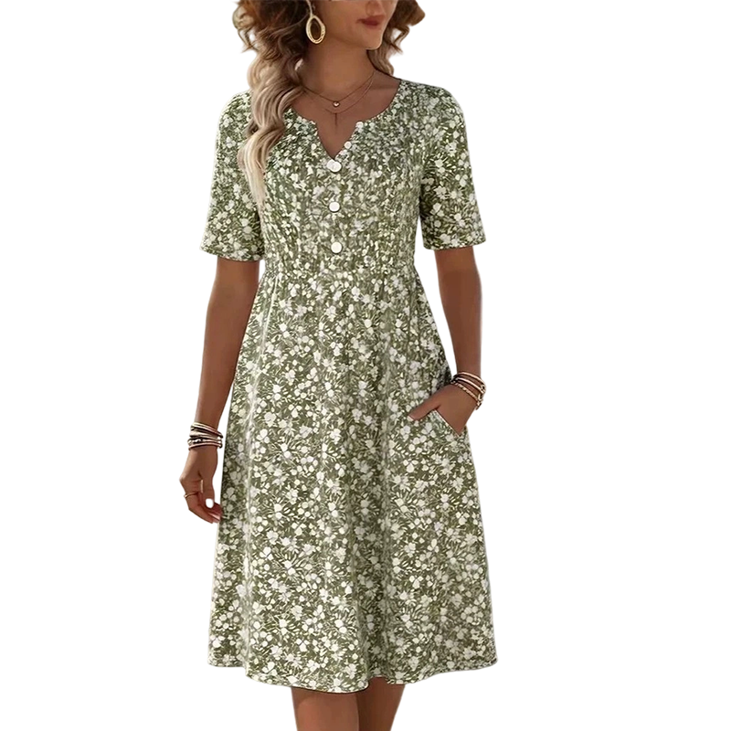 👗✨ Women's Casual V-Neck Print Dress with Pockets