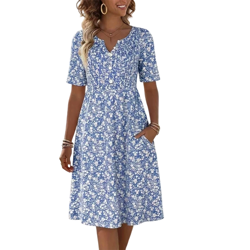 👗✨ Women's Casual V-Neck Print Dress with Pockets