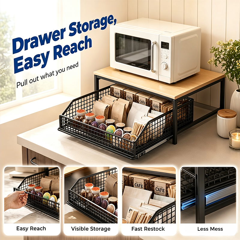 📦 50% Off!  2-Tier Kitchen Microwave Stand with Slide-Out Storage Drawer