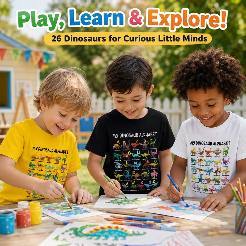 🦖 LIMITED-TIME 50% OFF! ✨ Kids' Dinosaur Alphabet Graphic T-Shirt – Soft Cotton, Fun ABC Print, Playful Fit 🌿