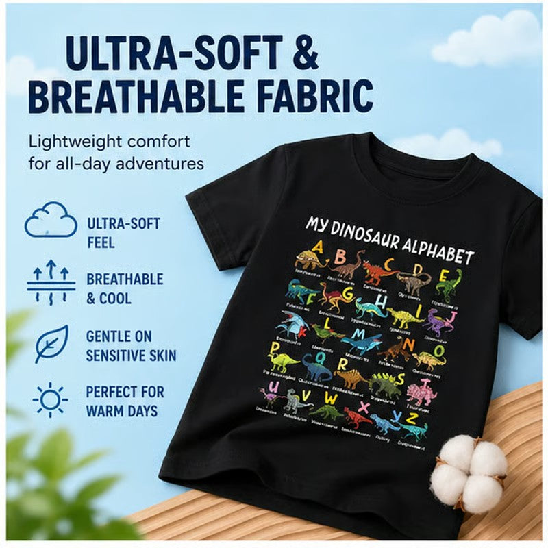 🦖 LIMITED-TIME 50% OFF! ✨ Kids' Dinosaur Alphabet Graphic T-Shirt – Soft Cotton, Fun ABC Print, Playful Fit 🌿