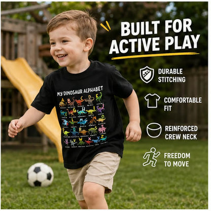 🦖 LIMITED-TIME 50% OFF! ✨ Kids' Dinosaur Alphabet Graphic T-Shirt – Soft Cotton, Fun ABC Print, Playful Fit 🌿