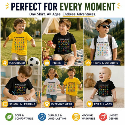 🦖 LIMITED-TIME 50% OFF! ✨ Kids' Dinosaur Alphabet Graphic T-Shirt – Soft Cotton, Fun ABC Print, Playful Fit 🌿