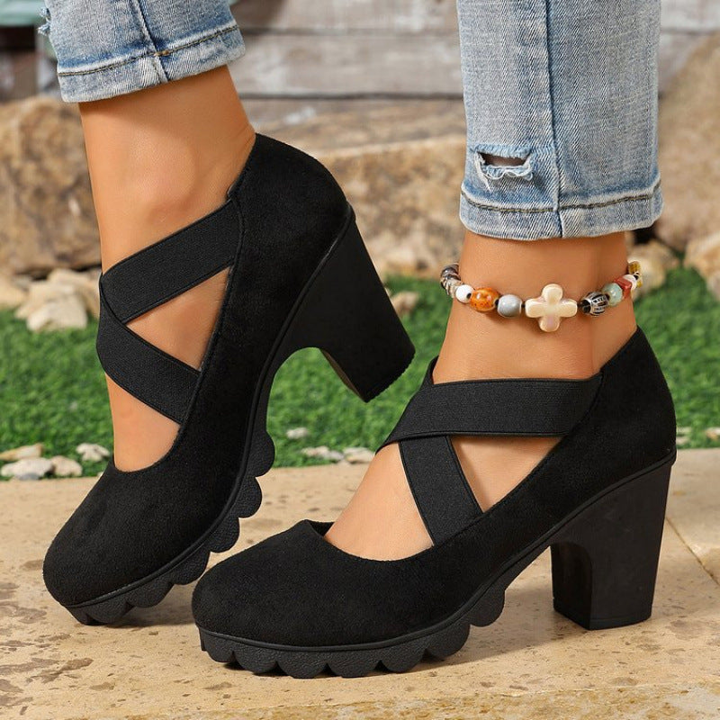 ✨ 50% OFF! Women's Round Toe Crisscross Strap Mary Jane Platform Chunky High Heels