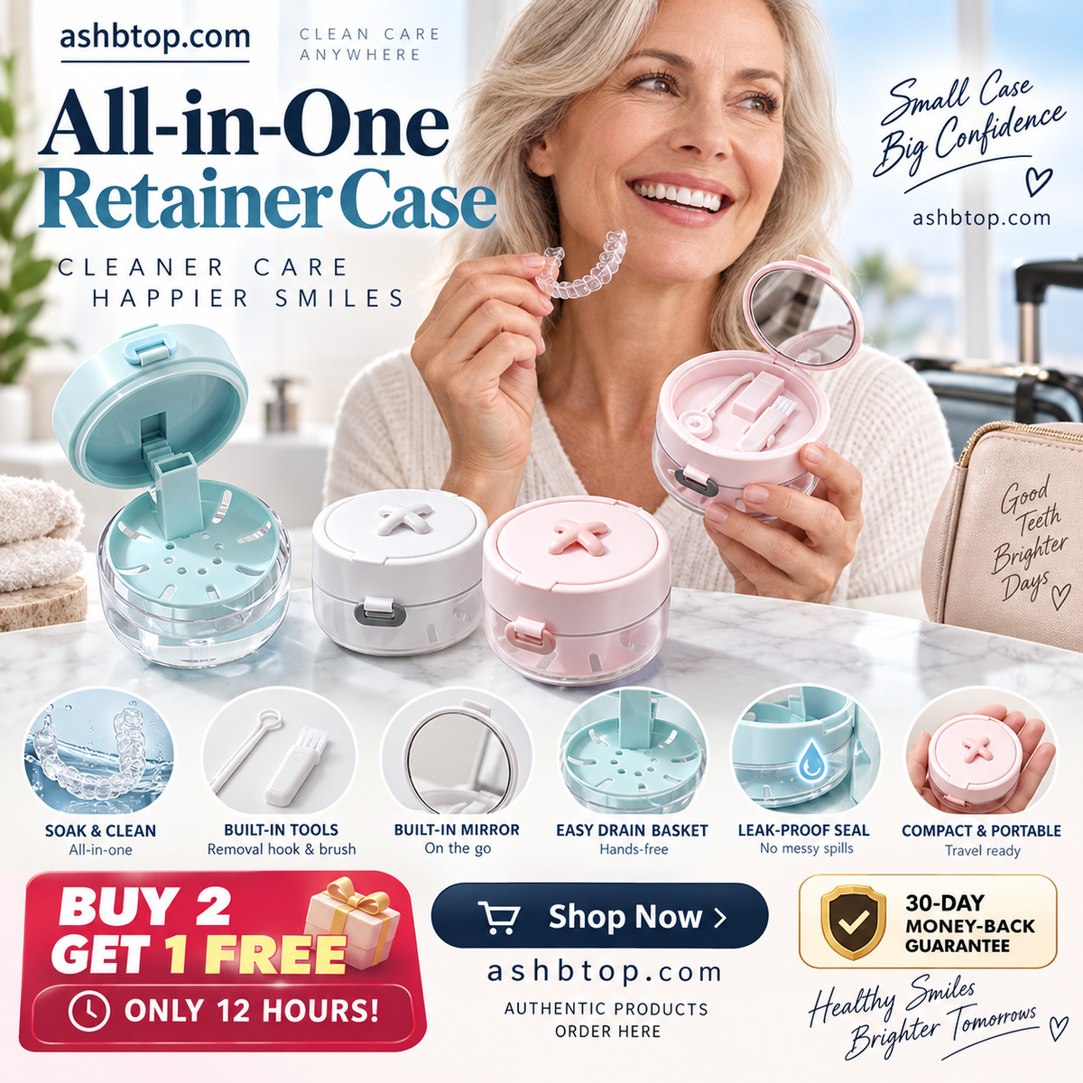 🔥Last Day Special Price £12.99!✨50K+ SOLD!🦷All-in-One Retainer Storage Case — Soaking Compartment, Built-in Mirror & Cleaning Tools